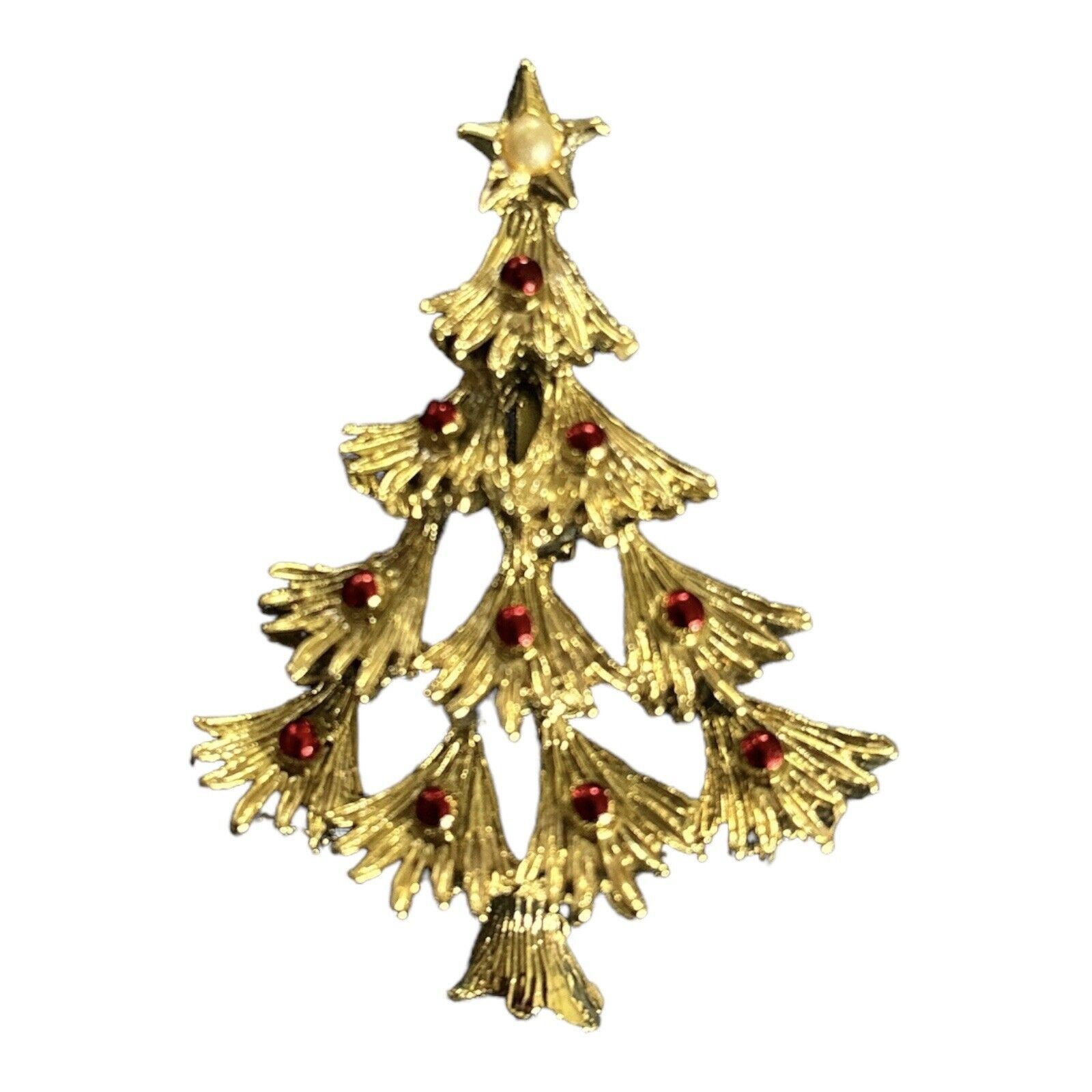 Vintage Gerrys Gold Tone Red Christmas Tree Brooch Pin 10$